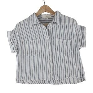 Thread & Supply Button Down Women XS White Navy Striped Linen Viscose Shirt Boho